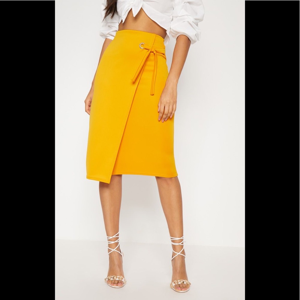 Orange Eyelet Detail Wrap Pencil Skirt